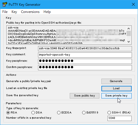 Windows 版 の PuTTYgen の鍵の保存