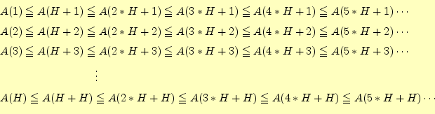 \begin{equation*}\begin{aligned}&A(1) \leqq A(H+1) \leqq A(2*H+1) \leqq A(3*H+1)...
... A(3*H+H) \leqq A(4*H+H) \leqq A(5*H+H)\cdots \\ %
\end{aligned}\end{equation*}