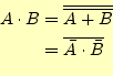 \begin{equation*}\begin{aligned}A\cdot B &=\overline{\overline{A+B}}\\ &=\overline{\bar{A}\cdot\bar{B}} \end{aligned}\end{equation*}