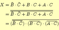 \begin{equation*}\begin{aligned}X&=\bar{B}\cdot\bar{C}+B\cdot C+A\cdot C \\ &=\o...
...ot (\overline{B\cdot C})\cdot(\overline{A\cdot C})} \end{aligned}\end{equation*}