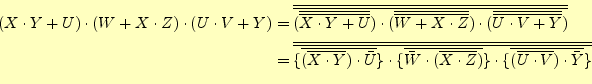 \begin{equation*}\begin{aligned}(X\cdot Y+U)\cdot(W+X\cdot Z)\cdot(U\cdot V+Y) &...
...\overline{(\overline{U\cdot V})\cdot\bar{Y}}\} }}\\ \end{aligned}\end{equation*}