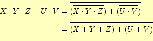 \begin{equation*}\begin{aligned}X\cdot Y\cdot Z+U\cdot V &=\overline{\overline{ ...
...+\bar{Y}+\bar{Z}})+ (\overline{\bar{U}+\bar{V}}) }} \end{aligned}\end{equation*}