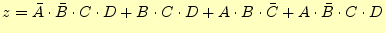 $\displaystyle z=\bar{A}\cdot\bar{B}\cdot C \cdot D+ B \cdot C \cdot D + A \cdot B \cdot \bar{C} + A \cdot \bar{B} \cdot C \cdot D$