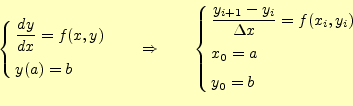 \begin{equation*}\left\{ \begin{aligned}&\frac{dy}{dx}=f(x,y)\\ &y(a)=b \end{ali...
...y_i}{\Delta x}=f(x_i,y_i)\\ &x_0=a\\ &y_0=b \end{aligned} \right.\end{equation*}