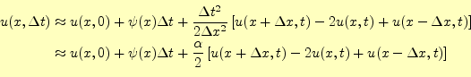 \begin{equation*}\begin{aligned}%
u(x,\Delta t) %
&\thickapprox u(x,0) +\psi(x...
...[ u(x+\Delta x,t)-2u(x,t)+u(x-\Delta x,t)\right] %
\end{aligned}\end{equation*}