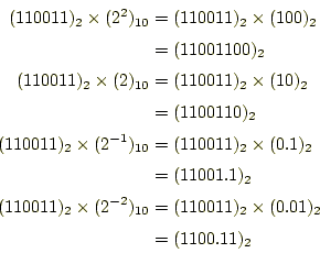 \begin{equation*}\begin{aligned}(110011)_{2}\times(2^2)_{10}&=(110011)_{2}\times...
...}&=(110011)_{2}\times(0.01)_{2} &=(1100.11)_{2} \end{aligned}\end{equation*}
