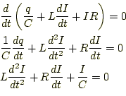 \begin{equation*}\begin{aligned}&\frac{d}{dt}\left(\frac{q}{C}+L\frac{dI}{dt}+IR...
... &L\frac{d^2I}{dt^2}+R\frac{dI}{dt}+\frac{I}{C}=0\ \end{aligned}\end{equation*}