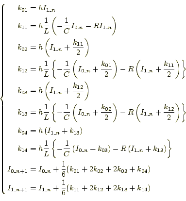 \begin{equation*}\left\{ \begin{aligned}k_{01}&=hI_{1\_n}\ k_{11}&=h\frac{1}{L}...
...frac{1}{6}(k_{11}+2k_{12}+2k_{13}+k_{14})\ \end{aligned} \right.\end{equation*}