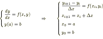 \begin{equation*}\left\{ \begin{aligned}&\frac{dy}{dx}=f(x,y)\\ &y(a)=b \end{ali...
...\\ &x_{i+1}=x_i+\Delta x \\ &x_0=a\\ &y_0=b \end{aligned} \right.\end{equation*}