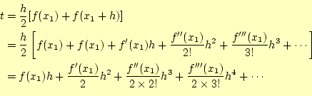\begin{equation*}\begin{aligned}t&=\frac{h}{2}[f(x_1)+f(x_1+h)] &=\frac{h}{2}\...
...c{f^{\prime\prime\prime}(x_1)}{2\times3!}h^4+\cdots \end{aligned}\end{equation*}