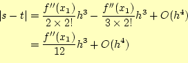 \begin{equation*}\begin{aligned}\vert s-t\vert&=\frac{f^{\prime\prime}(x_1)}{2\t...
...h^4) &=\frac{f^{\prime\prime}(x_1)}{12}h^3+O(h^4) \end{aligned}\end{equation*}