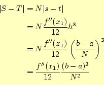 \begin{equation*}\begin{aligned}\vert S-T\vert&=N\vert s-t\vert &=N\frac{f^{\p...
...\frac{f^{\prime\prime}(x_1)}{12}\frac{(b-a)^3}{N^2} \end{aligned}\end{equation*}