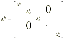 $\displaystyle \Lambda^k=\left[ \begin{array}{@{\,}ccccc@{\,}} \lambda_1^k & & &...
...ash{\Huge$0$}}\quad} & & \ddots & \\ & & & & \lambda_n^k \\ \end{array} \right]$