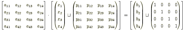 $\displaystyle \begin{bmatrix}a_{11} & a_{12} & a_{13} & a_{14}\\ a_{21} & a_{22...
...& 0\\ 0 & 1 & 0 & 0\\ 0 & 0 & 1 & 0\\ 0 & 0 & 0 & 1 \end{pmatrix} \end{bmatrix}$