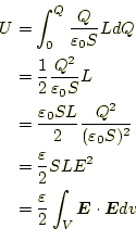 \begin{equation*}\begin{aligned}U&=\int_0^Q \frac{Q}{\varepsilon_0 S}LdQ\ &=\fr...
...psilon}{2}\int_V\boldsymbol{E}\cdot\boldsymbol{E}dv \end{aligned}\end{equation*}