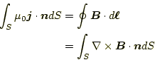 \begin{equation*}\begin{aligned}\int_S\mu_0 \boldsymbol{j}\cdot\boldsymbol{n}dS ...
...t_S\nabla\times\boldsymbol{B}\cdot \boldsymbol{n}dS \end{aligned}\end{equation*}