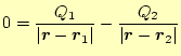 $\displaystyle 0=\frac{Q_1}{\vert\boldsymbol{r}-\boldsymbol{r}_1\vert}-\frac{Q_2}{\vert\boldsymbol{r}-\boldsymbol{r}_2\vert}$