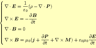 \begin{equation*}\left\{ \begin{aligned}&\div{\boldsymbol{E}}=\frac{1}{\varepsil...
...0\frac{\partial \boldsymbol{E}}{\partial t} \end{aligned} \right.\end{equation*}