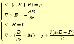 \begin{equation*}\left\{ \begin{aligned}&\div{(\varepsilon_0\boldsymbol{E}+\bold...
...\boldsymbol{E}+\boldsymbol{P})}{\partial t} \end{aligned} \right.\end{equation*}