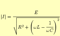 $\displaystyle \vert I\vert=\cfrac{E}{\sqrt{R^2+\left(\omega L -\cfrac{1}{\omega C}\right)^2}}$