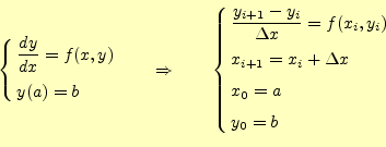 \begin{equation*}\left\{ \begin{aligned}&\frac{dy}{dx}=f(x,y)\\ &y(a)=b \end{ali...
...\\ &x_{i+1}=x_i+\Delta x \\ &x_0=a\\ &y_0=b \end{aligned} \right.\end{equation*}