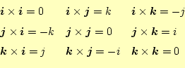 \begin{equation*}\begin{aligned}&\boldsymbol{i}\times\boldsymbol{i}=0 & &\boldsy...
...ol{j}=-i & &\boldsymbol{k}\times\boldsymbol{k}=0  \end{aligned}\end{equation*}