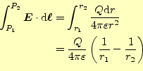\begin{equation*}\begin{aligned}\int_{P_1}^{P_2}\boldsymbol{E}\cdot \mathrm{d}\b...
...varepsilon}\left(\frac{1}{r_1}-\frac{1}{r_2}\right) \end{aligned}\end{equation*}