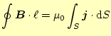 $\displaystyle \oint \boldsymbol{B}\cdot\ell=\mu_0\int_S\boldsymbol{j}\cdot\mathrm{d}S$