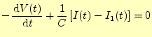 $\displaystyle - \if 11 \frac{\,\mathrm{d}V(t)}{\,\mathrm{d}t} \else \frac{\,\mathrm{d}^{1} V(t)}{\,\mathrm{d}t^{1}}\fi +\frac{1}{C}\left[I(t)-I_1(t)\right]=0$