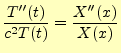 $\displaystyle \frac{T^{\prime\prime}(t)}{c^2T(t)}=\frac{X^{\prime\prime}(x)}{X(x)}$