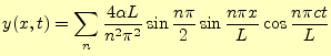 $\displaystyle y(x,t)=\sum_n \frac{4\alpha L}{n^2\pi^2}\sin\frac{n\pi}{2}\sin\frac{n\pi x}{L}\cos\frac{n\pi ct}{L}$