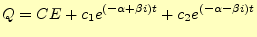 $\displaystyle I=c_1(-\alpha+\beta i)e^{(-\alpha+\beta i)t}+ c_2(-\alpha-\beta i)e^{(-\alpha-\beta i)t}$