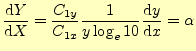 $\displaystyle \frac{\mathrm{d}Y}{\mathrm{d}X}=\frac{C_{1y}}{C_{1x}}\frac{1}{y\log_e 10}\frac{\mathrm{d}y}{\mathrm{d}x}=\alpha$