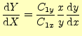 $\displaystyle \frac{\mathrm{d}Y}{\mathrm{d}X}= \frac{C_{1y}}{C_{1x}}\frac{x}{y}\frac{\mathrm{d}y}{\mathrm{d}x}$