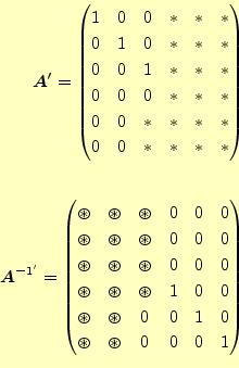 \begin{equation*}\begin{aligned}\boldsymbol{A}^\prime = \begin{pmatrix}1 & 0 & 0...
...dast & \circledast & 0 & 0 & 0 & 1 \\ \end{pmatrix} \end{aligned}\end{equation*}