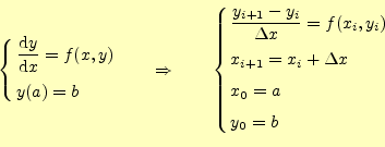 \begin{equation*}\left\{ \begin{aligned}& \if 11 \frac{\mathrm{d}y}{\mathrm{d}x}...
...\\ &x_{i+1}=x_i+\Delta x \\ &x_0=a\\ &y_0=b \end{aligned} \right.\end{equation*}