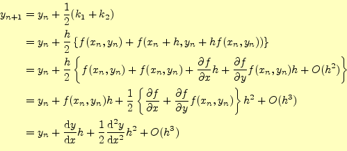 \begin{equation*}\begin{aligned}y_{n+1}&=y_n+\frac{1}{2}(k_1+k_2)\\ &=y_n+\frac{...
...ac{\mathrm{d}^{2} y}{\mathrm{d}x^{2}}\fi h^2+O(h^3) \end{aligned}\end{equation*}