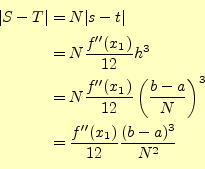 \begin{equation*}\begin{aligned}\vert S-T\vert&=N\vert s-t\vert\\ &=N\frac{f^{\p...
...\frac{f^{\prime\prime}(x_1)}{12}\frac{(b-a)^3}{N^2} \end{aligned}\end{equation*}