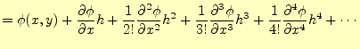 $\displaystyle =\phi(x,y) +\frac{\partial\phi}{\partial x}h +\frac{1}{2!}\frac{\...
...i}{\partial x^3}h^3 +\frac{1}{4!}\frac{\partial^4\phi}{\partial x^4}h^4 +\cdots$