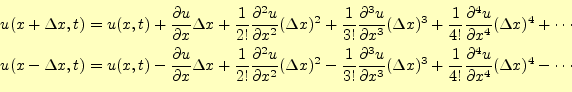 \begin{equation*}\begin{aligned}u(x+\Delta x,t)&=u(x,t) +\frac{\partial u}{\part...
...rac{\partial^4 u}{\partial x^4}(\Delta x)^4 -\cdots \end{aligned}\end{equation*}