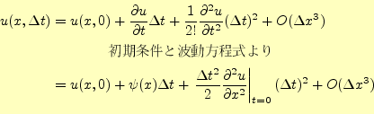 \begin{equation*}\begin{aligned}%
u(x,\Delta t)&=u(x,0) +\frac{\partial u}{\par...
...}\right\vert _{t=0}(\Delta t)^2 +O(\Delta x^3)\\ %
\end{aligned}\end{equation*}