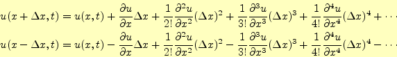 \begin{align*}\begin{aligned}u(x+\Delta x,t)&=u(x,t) +\frac{\partial u}{\partial...
...}\frac{\partial^4 u}{\partial x^4}(\Delta x)^4 -\cdots \end{aligned}\end{align*}