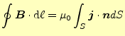 $\displaystyle \oint \boldsymbol{B}\cdot\mathrm{d}\ell=\mu_0\int_S\boldsymbol{j}\cdot\boldsymbol{n}dS$