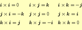 \begin{equation*}\begin{aligned}&\boldsymbol{i}\times\boldsymbol{i}=0 & &\boldsy...
...ymbol{i} & &\boldsymbol{k}\times\boldsymbol{k}=0 \\ \end{aligned}\end{equation*}