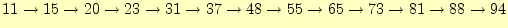 $\displaystyle 11\rightarrow 15\rightarrow 20\rightarrow 23\rightarrow 31\righta...
...tarrow 55\rightarrow 65\rightarrow 73\rightarrow 81\rightarrow 88\rightarrow 94$