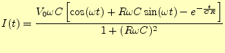 $\displaystyle I(t)=\frac{V_0\omega C\left[ \cos(\omega t)+R\omega C\sin(\omega t)-e^{-\frac{t}{CR}} \right]}{1+(R\omega C)^2}$