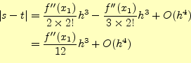 \begin{equation*}\begin{aligned}\vert s-t\vert&=\frac{f^{\prime\prime}(x_1)}{2\t...
...h^4)\\ &=\frac{f^{\prime\prime}(x_1)}{12}h^3+O(h^4) \end{aligned}\end{equation*}