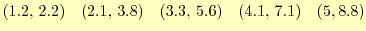 $\displaystyle (1.2,\,2.2)\quad(2.1,\,3.8)\quad(3.3,\,5.6)\quad(4.1,\,7.1)\quad(5,8.8)$