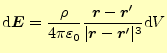 $\displaystyle \mathrm{d}\boldsymbol{E}=\frac{\rho}{4\pi\varepsilon_0}\frac{\bol...
...bol{r}^{\prime}}{\vert\boldsymbol{r}-\boldsymbol{r}^{\prime}\vert^3}\mathrm{d}V$