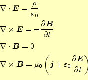 \begin{equation*}\begin{aligned}&\div{\boldsymbol{E}}=\frac{\rho}{\varepsilon_0}...
...0 \frac{\partial \boldsymbol{E}}{\partial t}\right) \end{aligned}\end{equation*}
